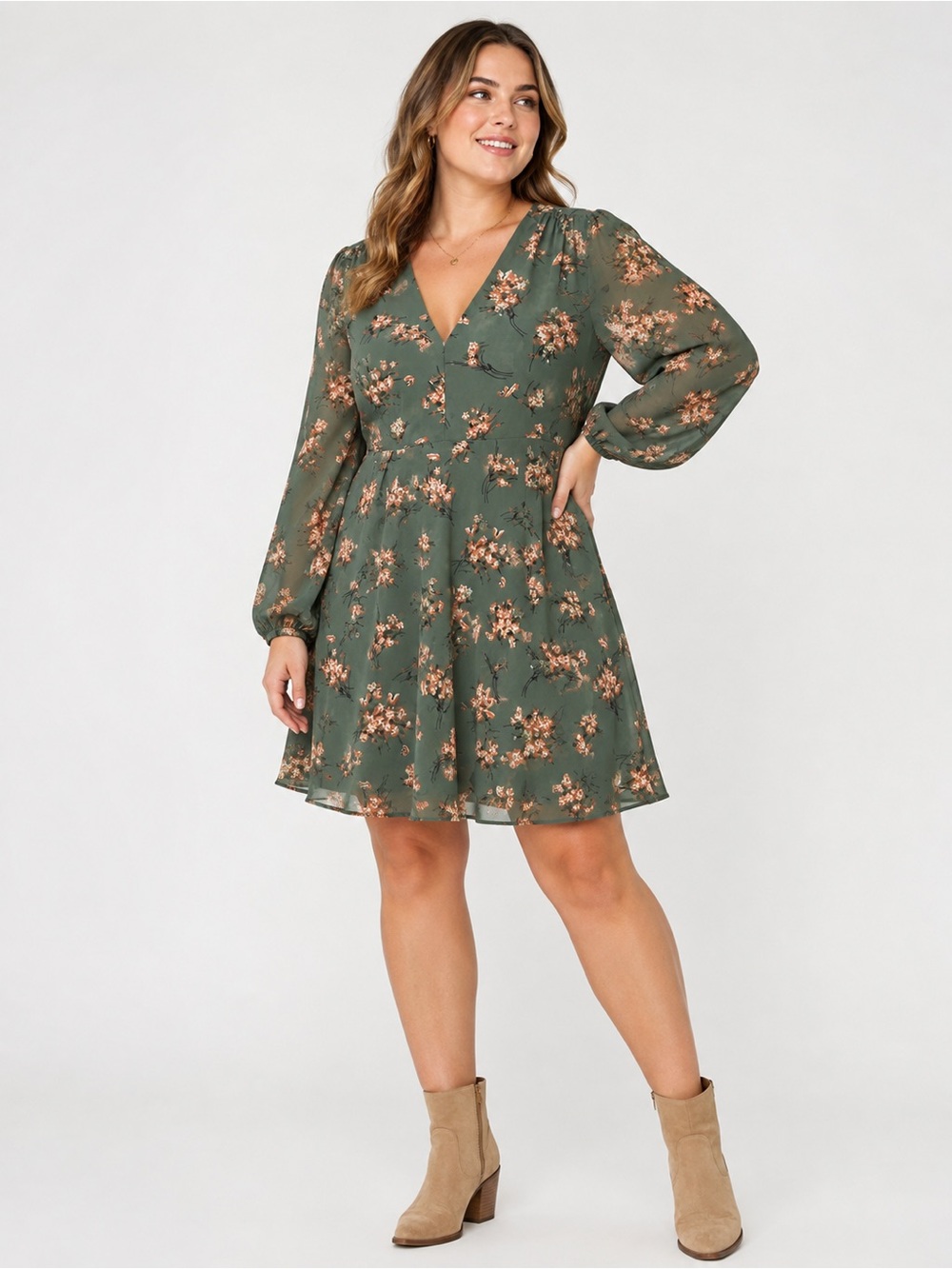Madewell Floral V-Neck Long Sleeve Dress - Green Size Small